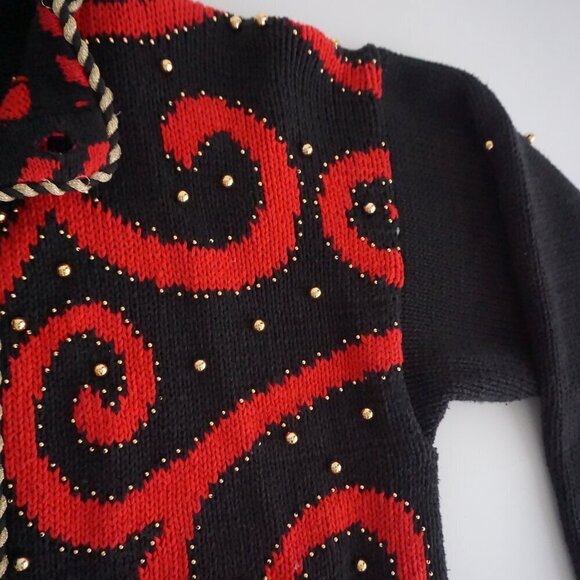 Vintage Gantos Black Knit Red Beaded Swirl Button Up Sweater M - Picture 9 of 13